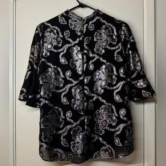 Rebecca Taylor Silk Blend Black Silver Lurex Metallic Bell Sleeve Blouse Size 8 - Picture 10 of 17